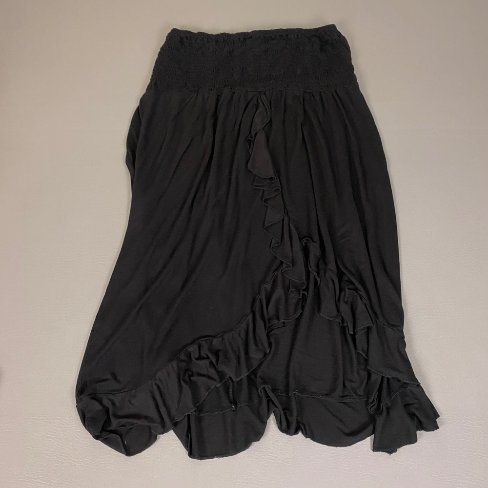 Raviya Midi Skirt Women's Size XL Black Smocked Waist Ruffle Asymmetrical Rayon